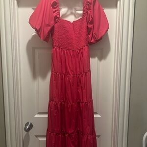 Entro Red Smocked Tiered Dress